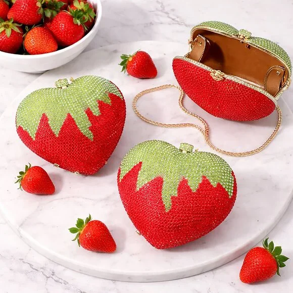 Crystal Strawberry Rhinestone Heart Clutch with Gold Chain